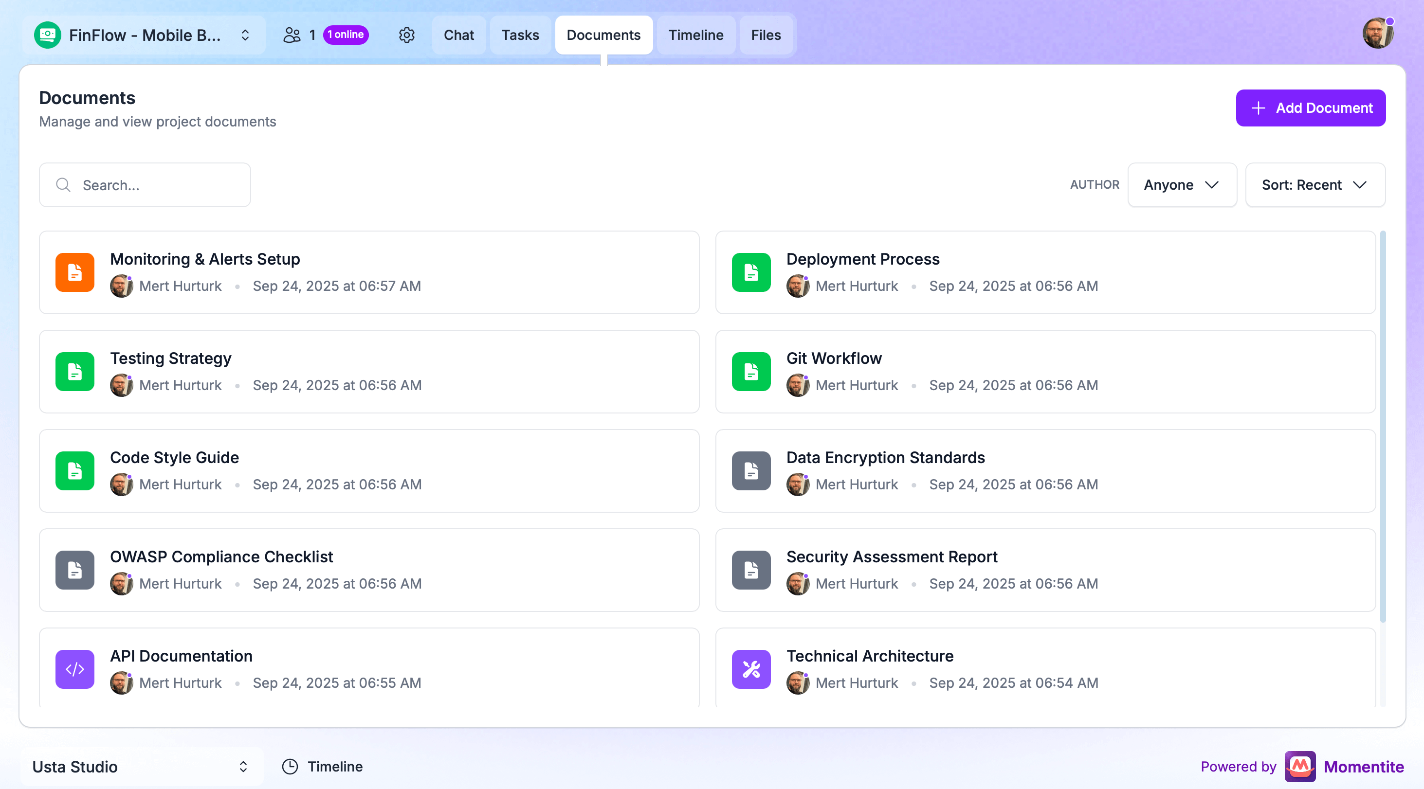 Momentite Documents Interface